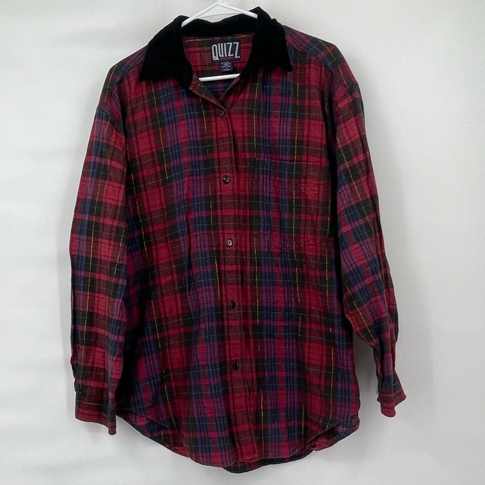 Vintage Quizz red blue plaid gold thread black velvet collar button up